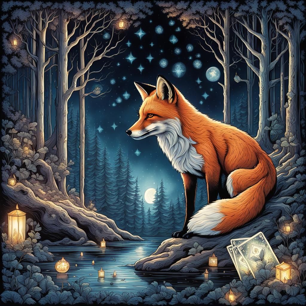 Fox with Tarot Cards in Comic Book Art Style