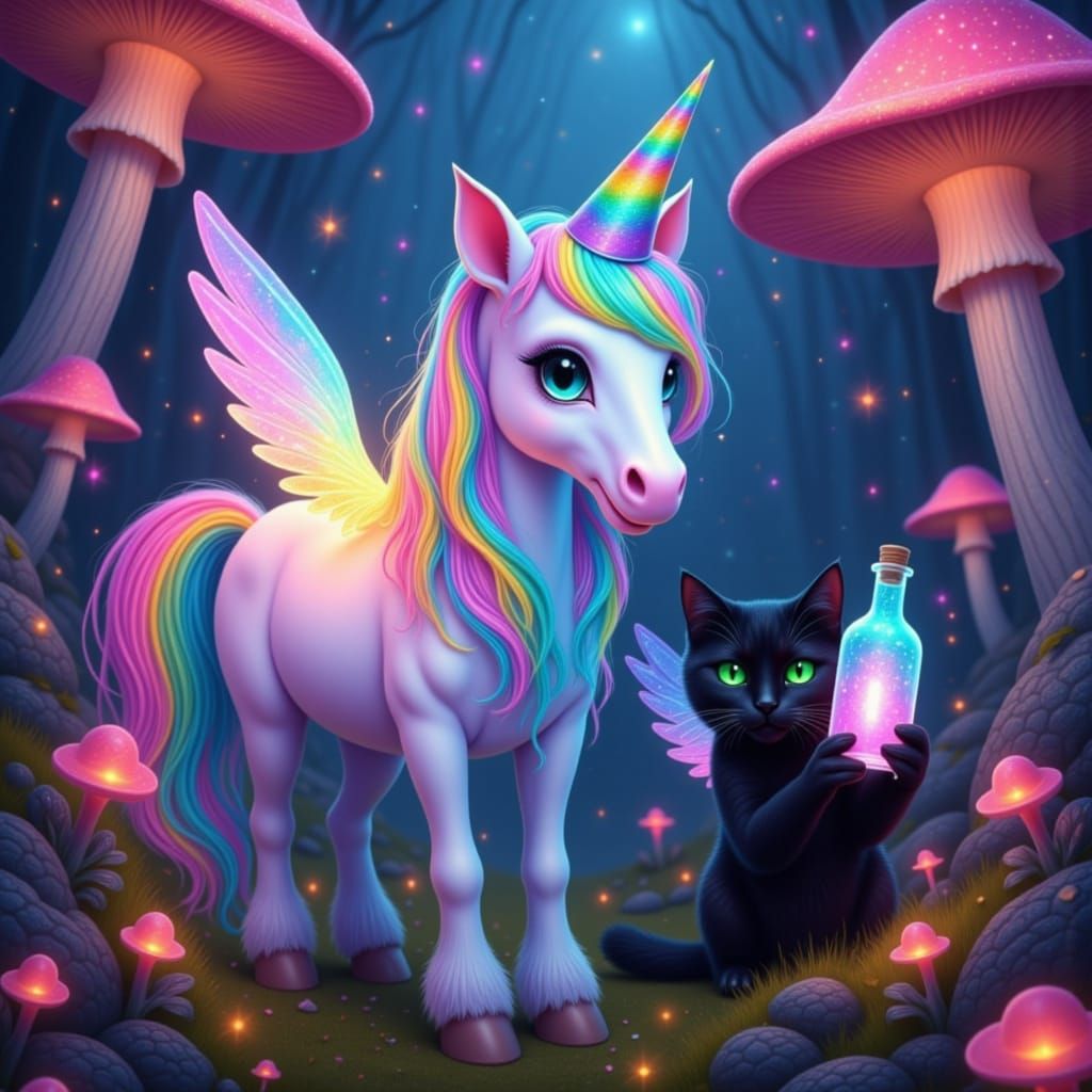 Magical Horse and Cat with Glowing Wings and Potion