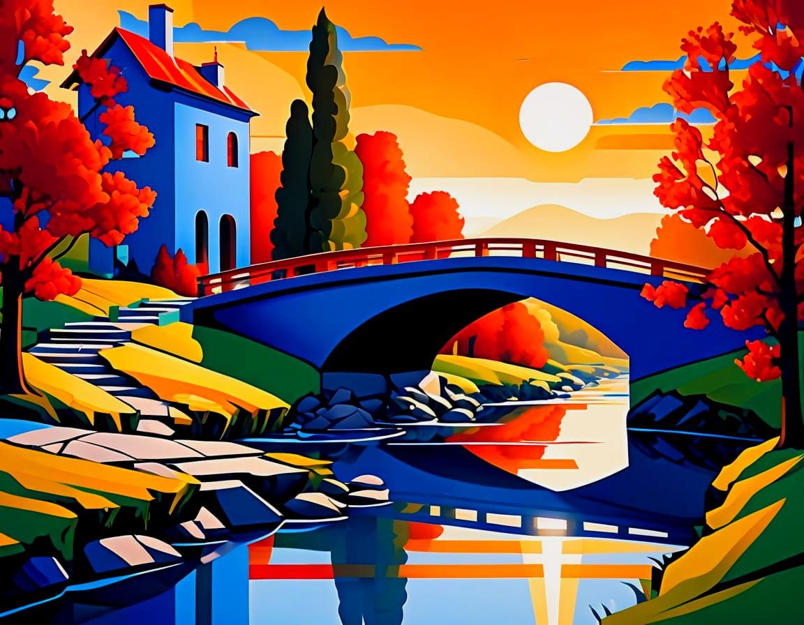 Cubist Bridge Masterpiece in Vibrant Colors