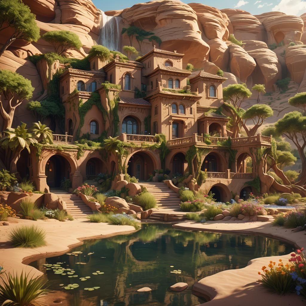 Oasis Home in Desert Landscape: Fantasy Concept Art