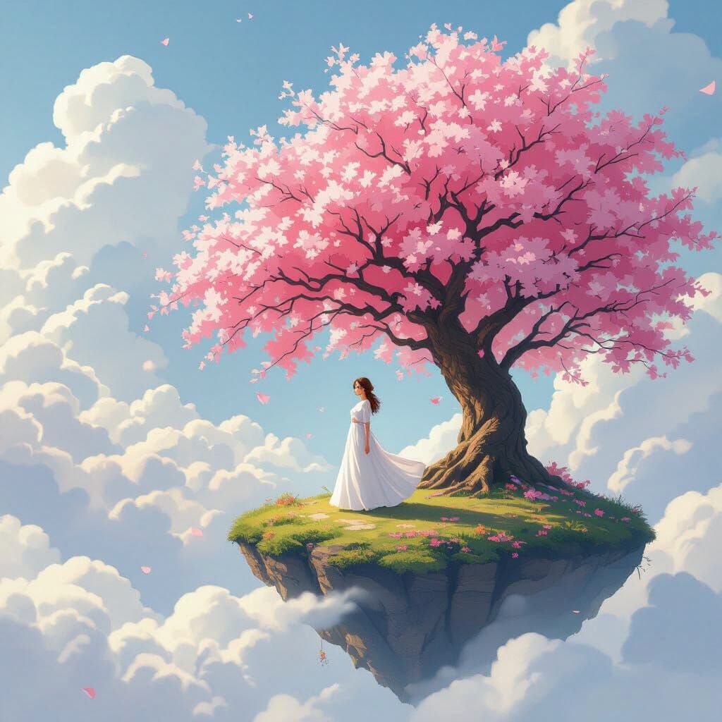 Serene Woman on Floating Island Amidst Cherry Blossoms