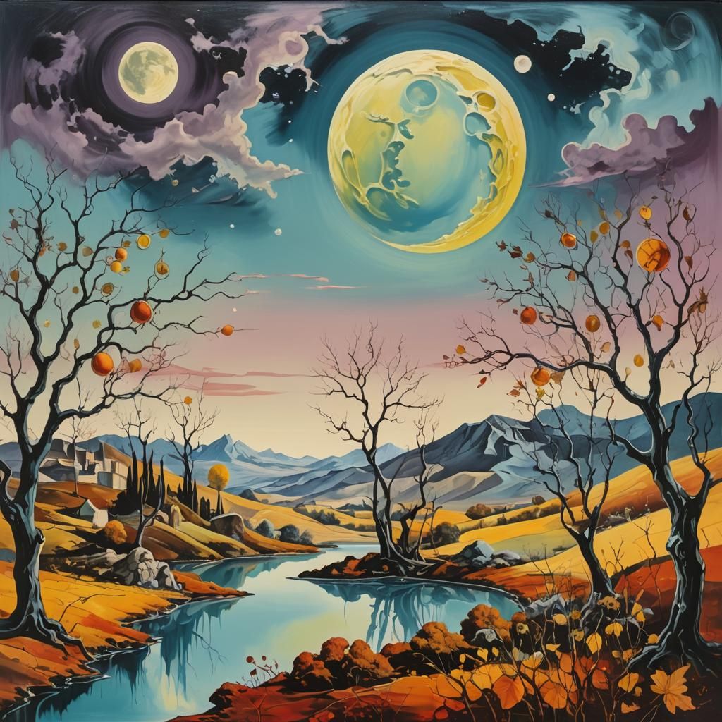 Surreal Moon Over Pop Art Autumn Landscape