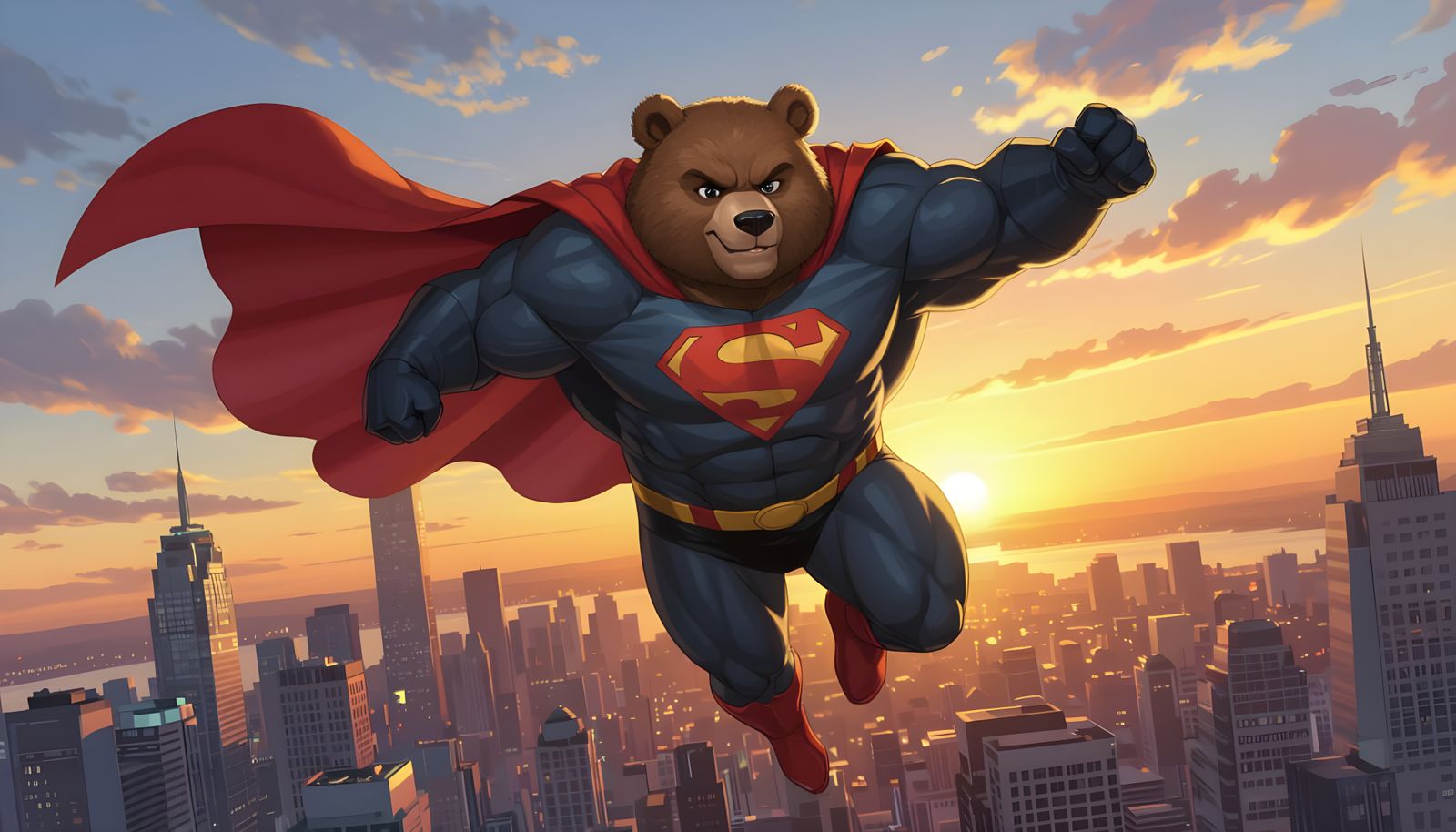 A anthropomorphic bear in the “furry” art style flys through...