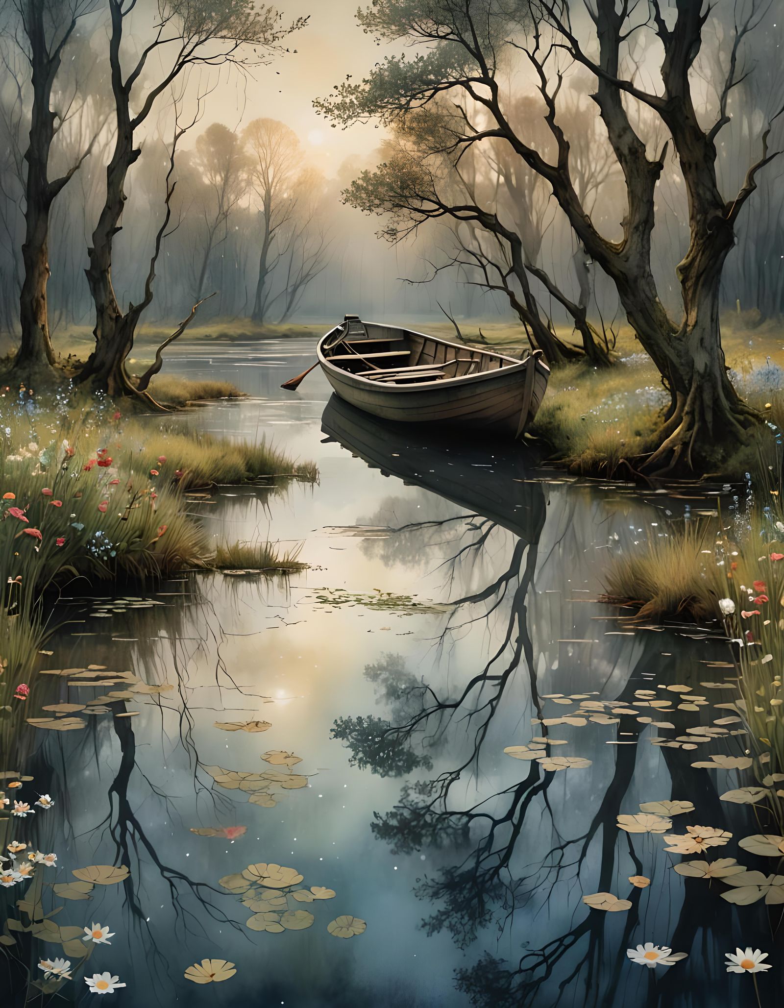 Swamp River Sunset with Boat in Arthur Rackham Style