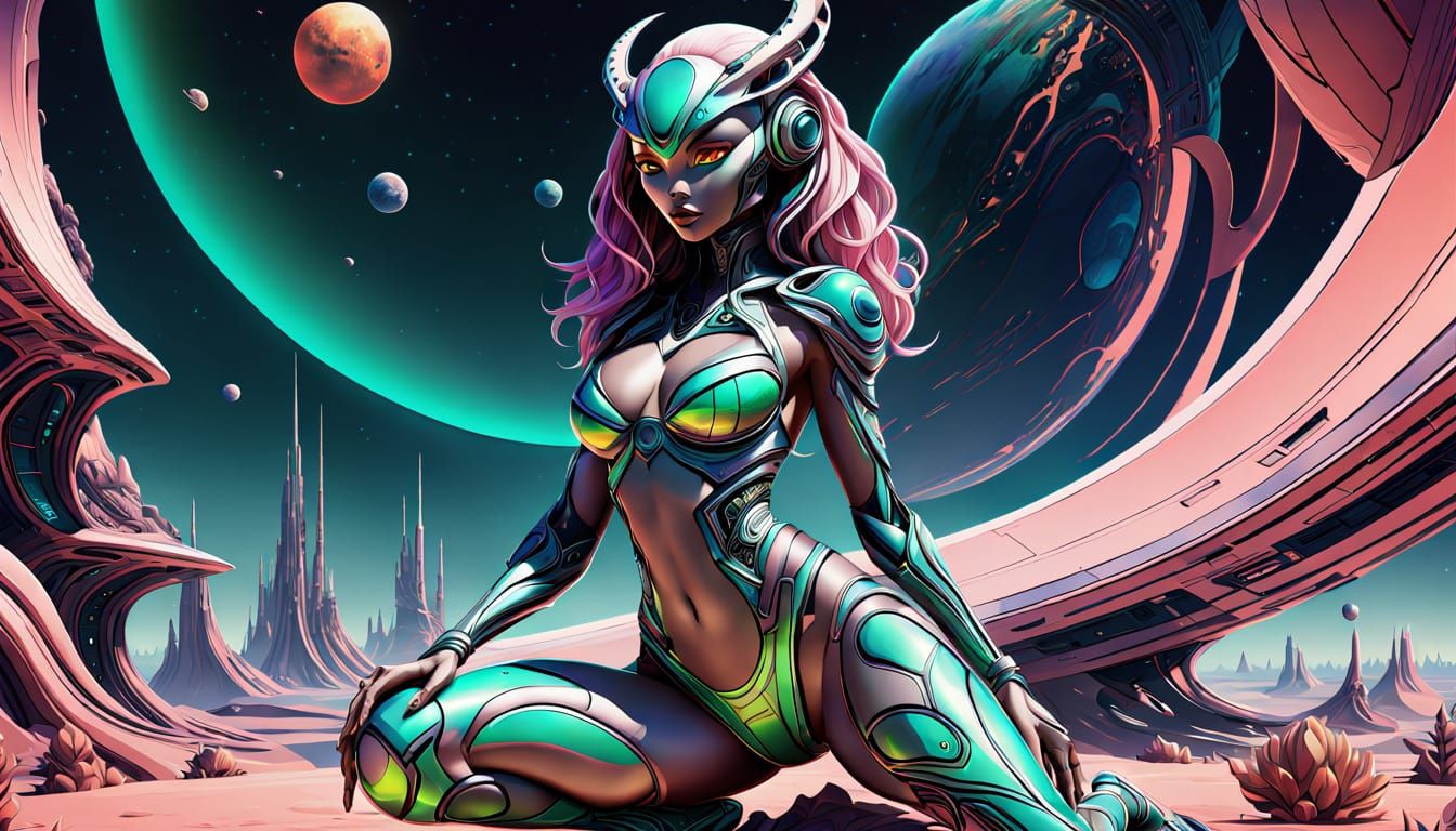 Vibrant anime art. Medium shot. Sultry curvaceous chibi Pred...