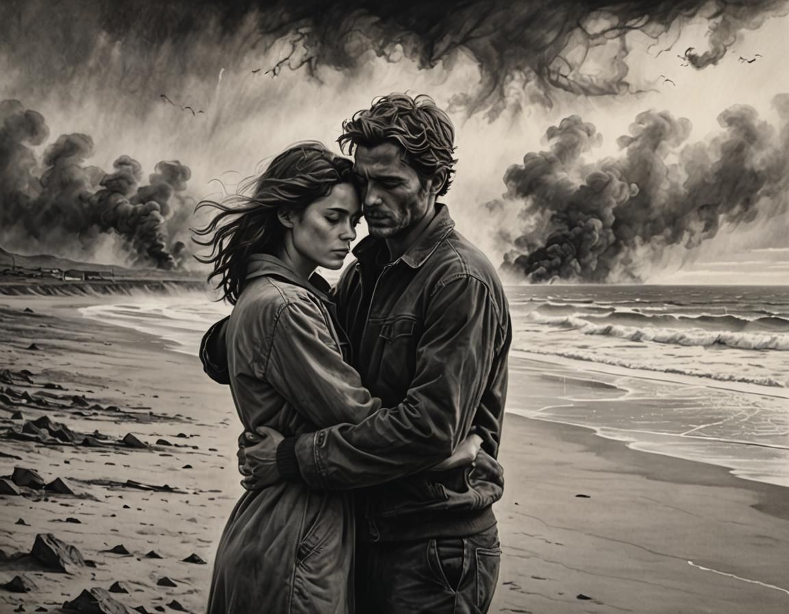 Emotive Charcoal Drawing of Lovers on a Beach