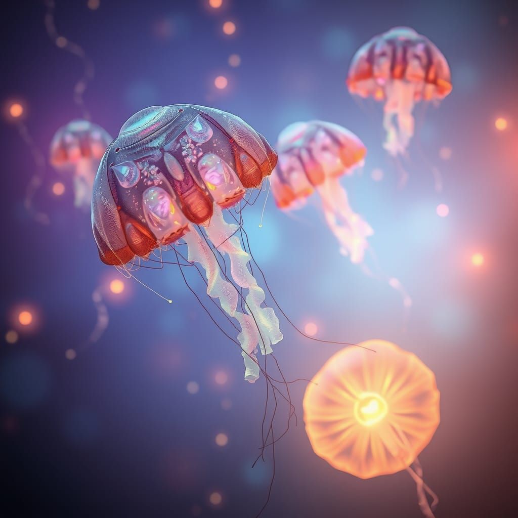 Iridescent Jellyfish in Ethereal Biomechanical Landscape
