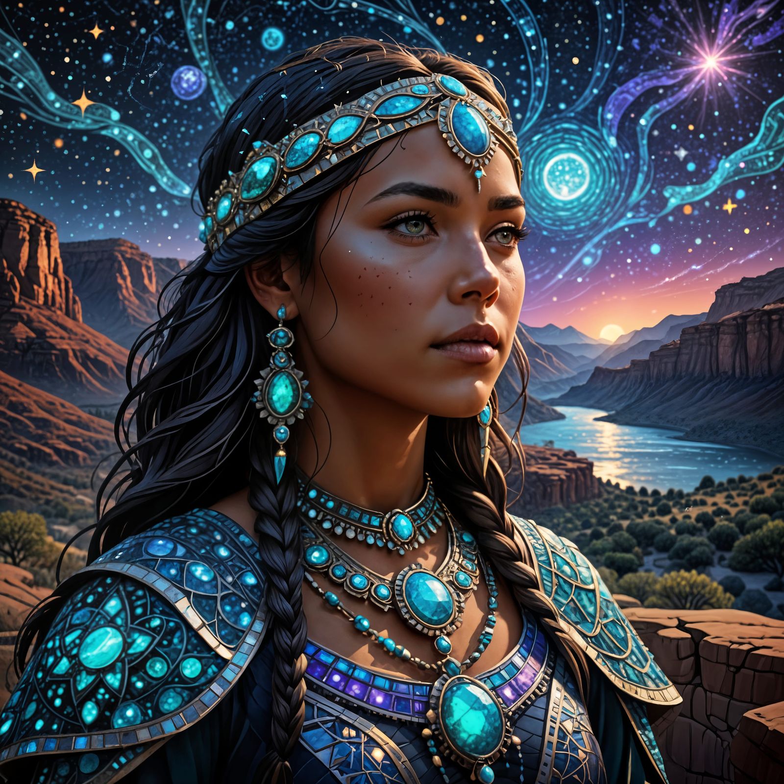 Elegant Native American Woman Under Cosmic Skies