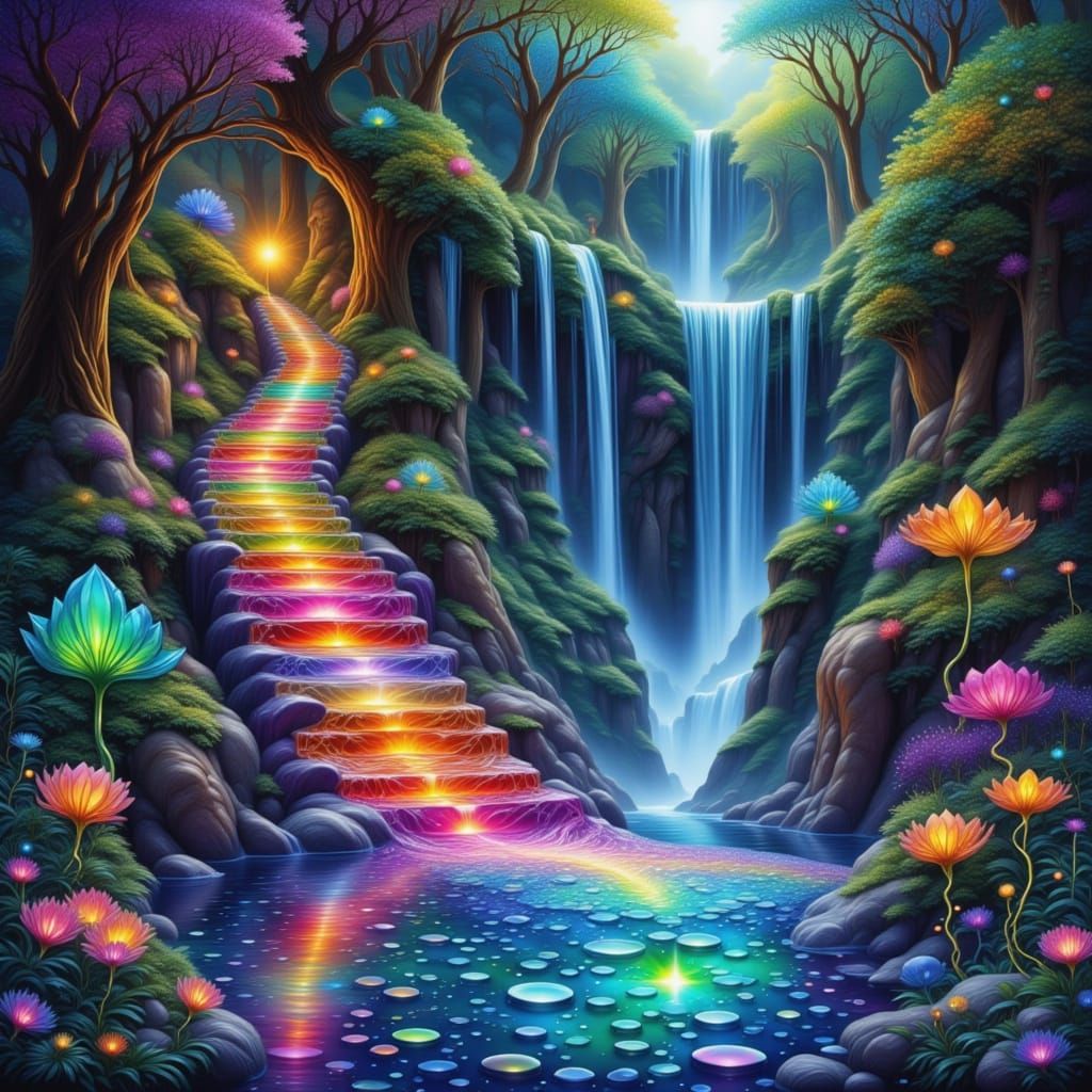 Mystical Stairway to a Waterfall in Dreamlike Style