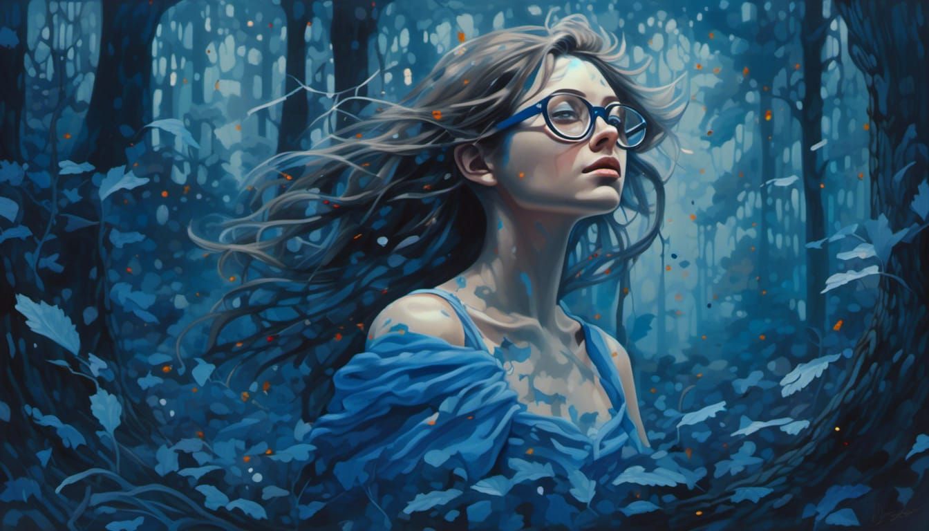 Mysterious Girl in Blue Forest: Graffiti Art Style