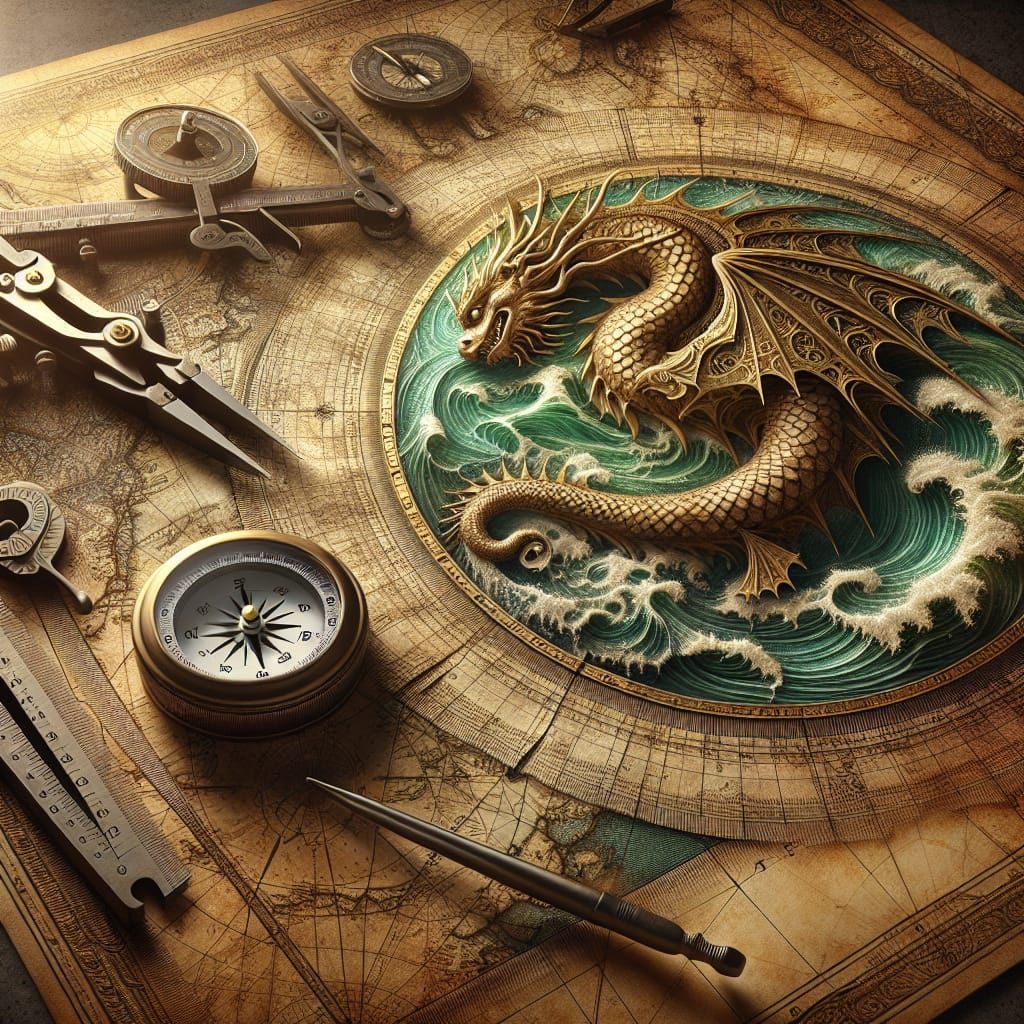 Ornate Nautical Map with Sea Creature