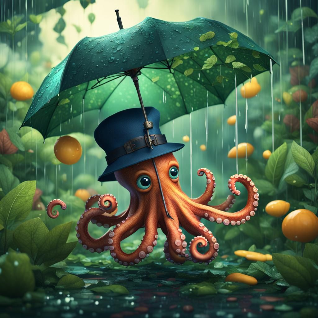 Octopus in Rainy Garden with Leaf Umbrella