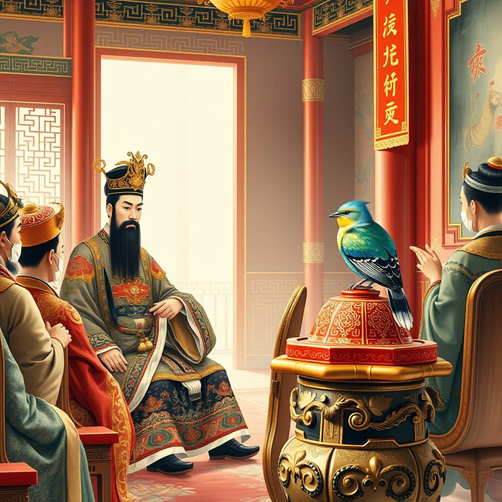 The Emperor of China in Elegant Chinese Court, Surrounded by...
