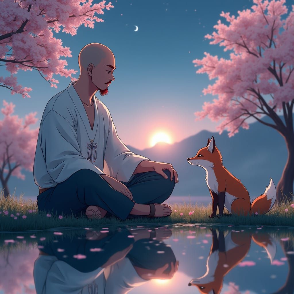 Serene Anime Man in Nature with Fox