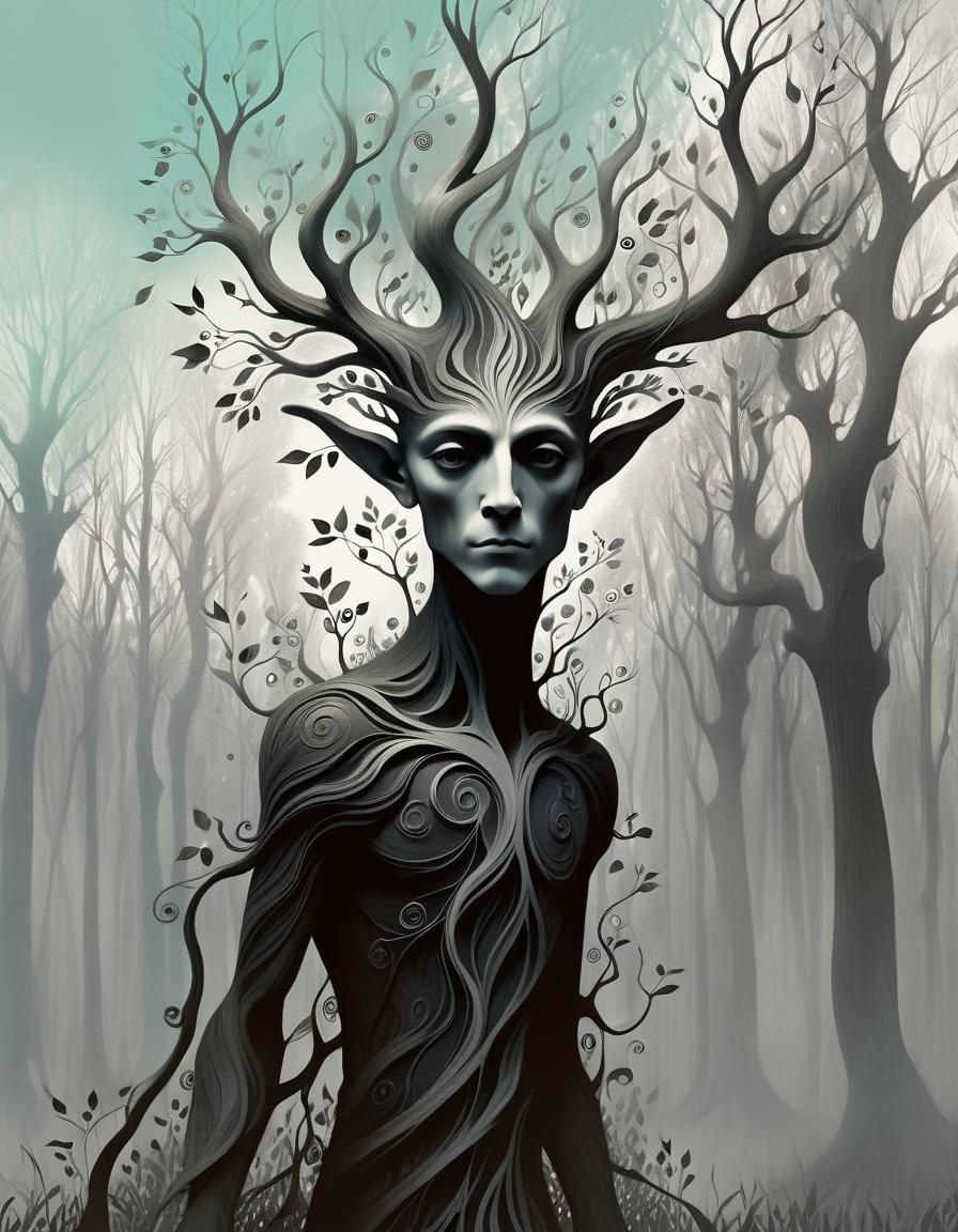 Whimsical Forest Spirit in Charcoal Style