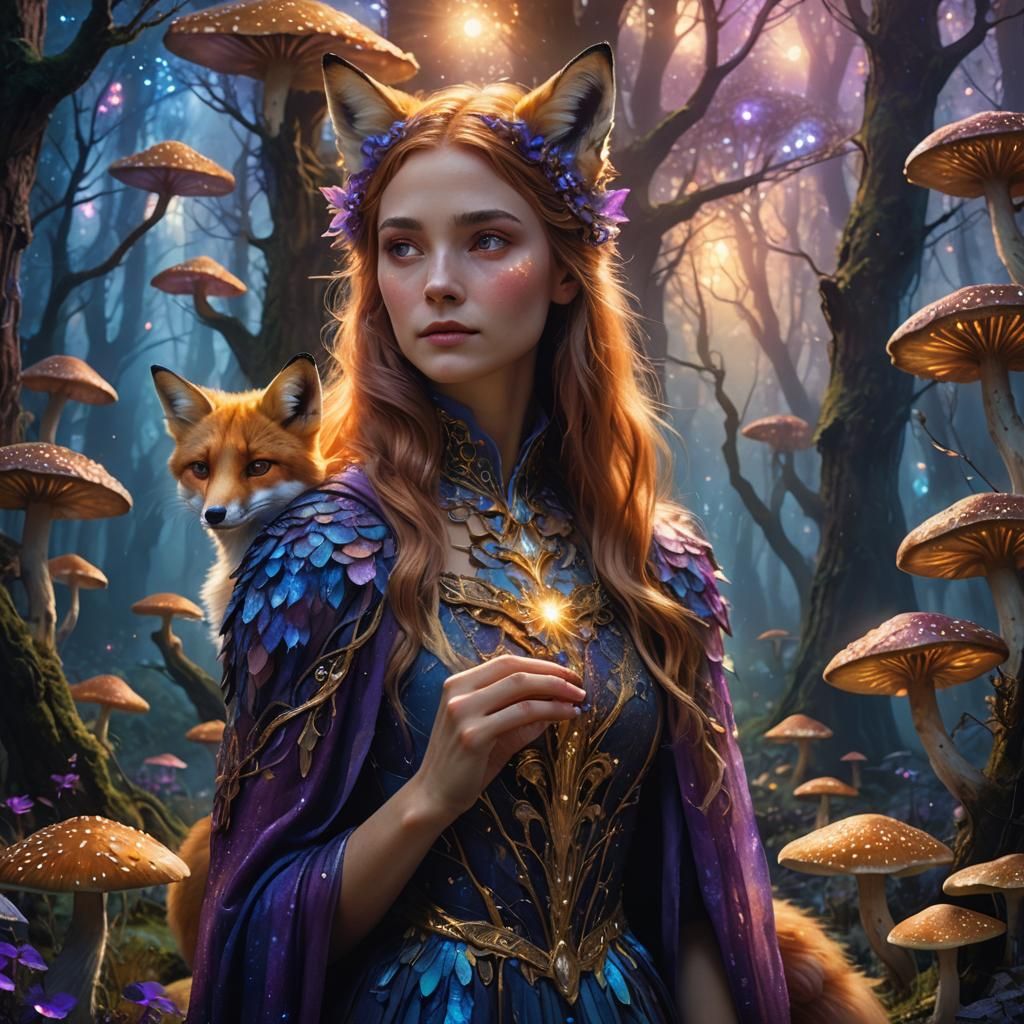 Mystical Fox Woman in Starry Forest: Fantasy Art