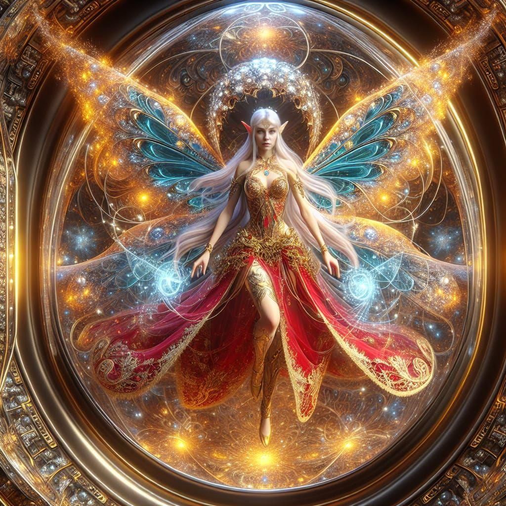 Ethereal Elf with Golden Wings in Fractal Capsule