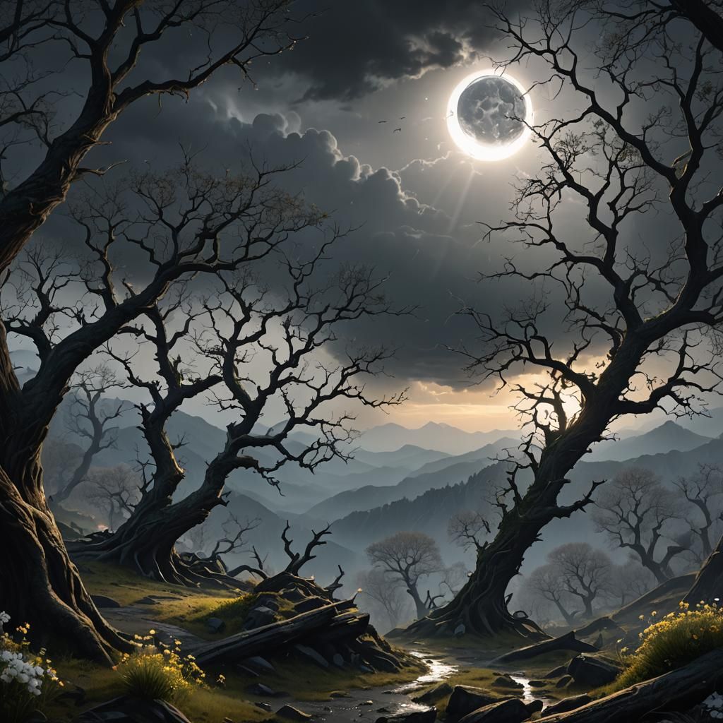 Total Solar Eclipse Over Dark Mountain Spring