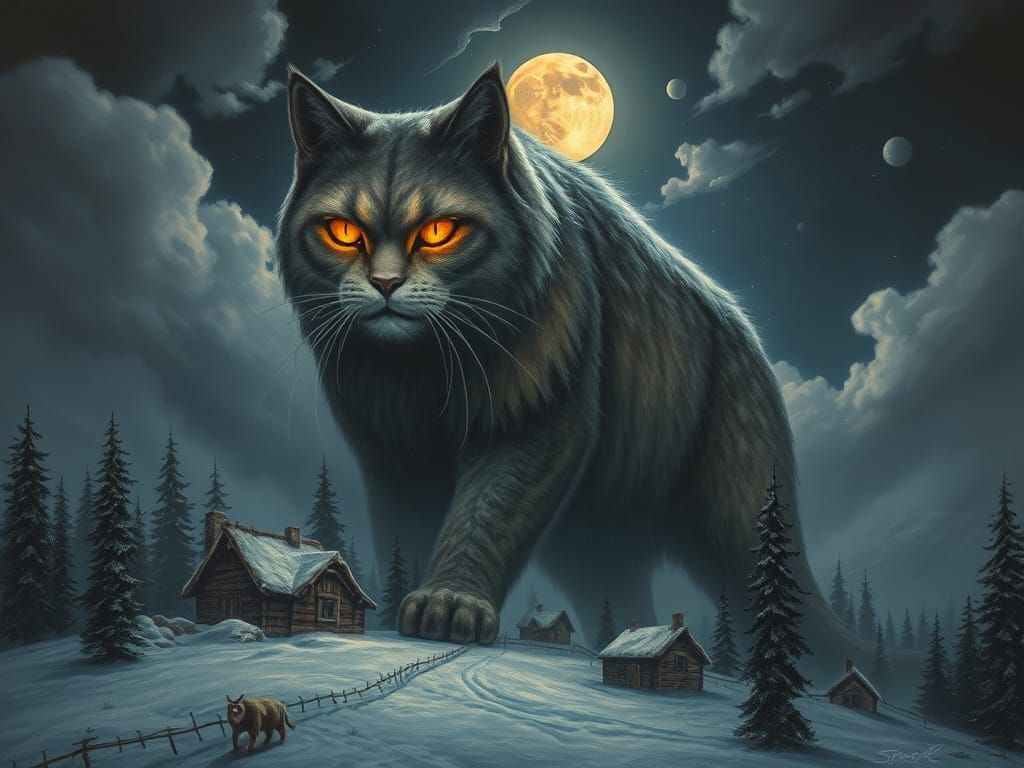 Eldritch Colossus Cat Bayun Over Siberian Village