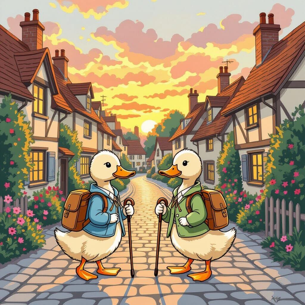 Ducks Walking in Village Street, Beatrix Potter Style