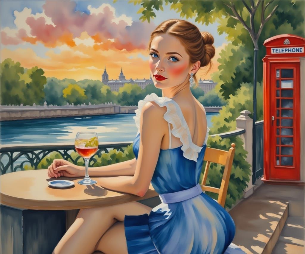 Beautiful Woman in London: Gouache-Style Oil Painting
