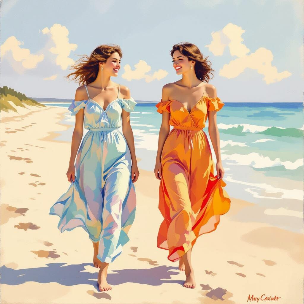 Joyful Friends on Beach in Watercolor Style