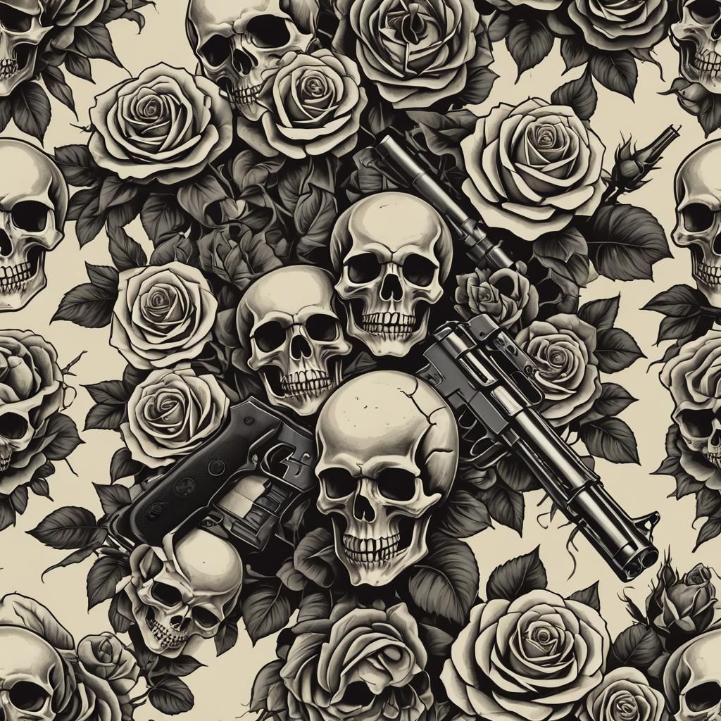 Skull with Roses and Gun: Dark Graphic Art