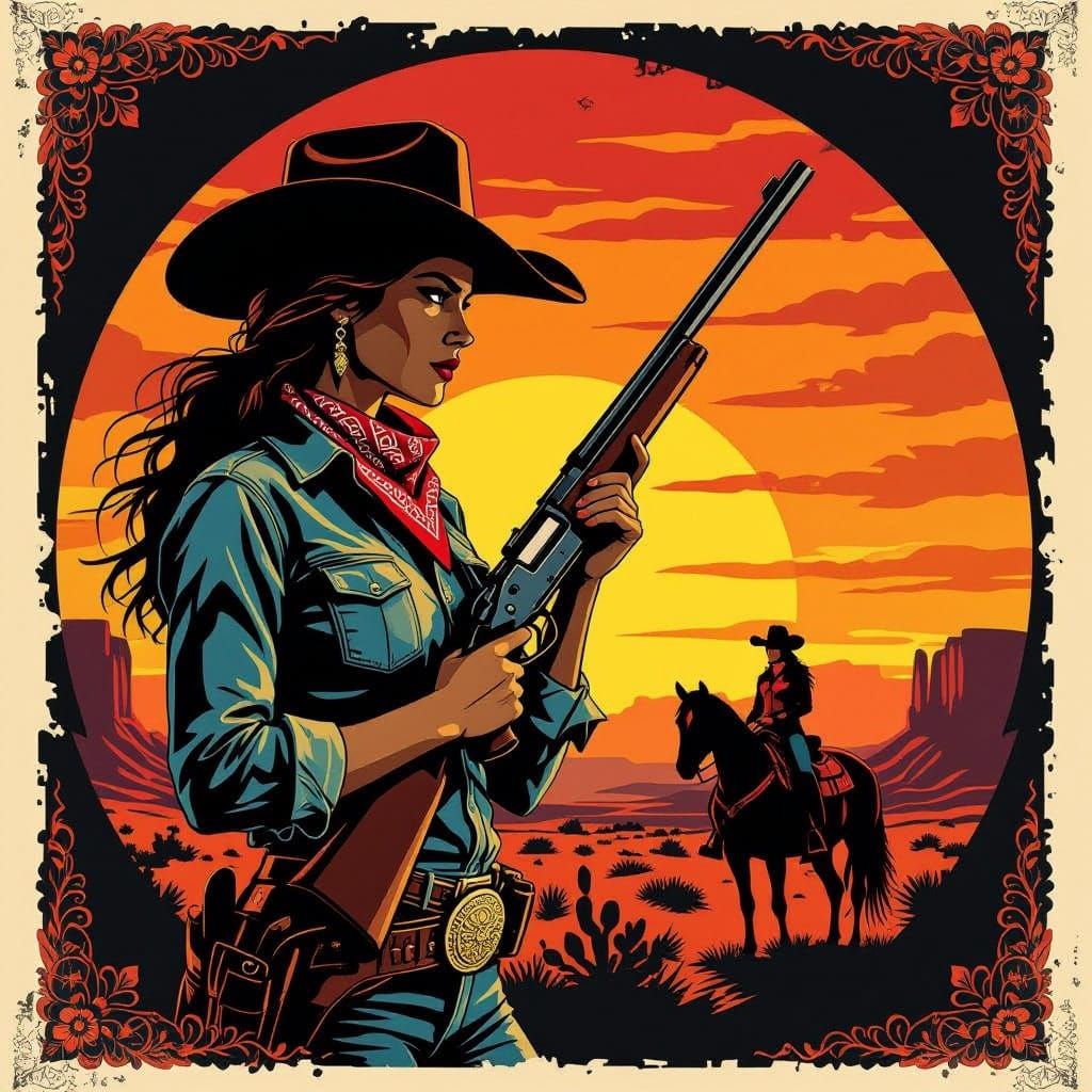 Cowgirl Silhouette Against Desert Sunset in Western Poster S...