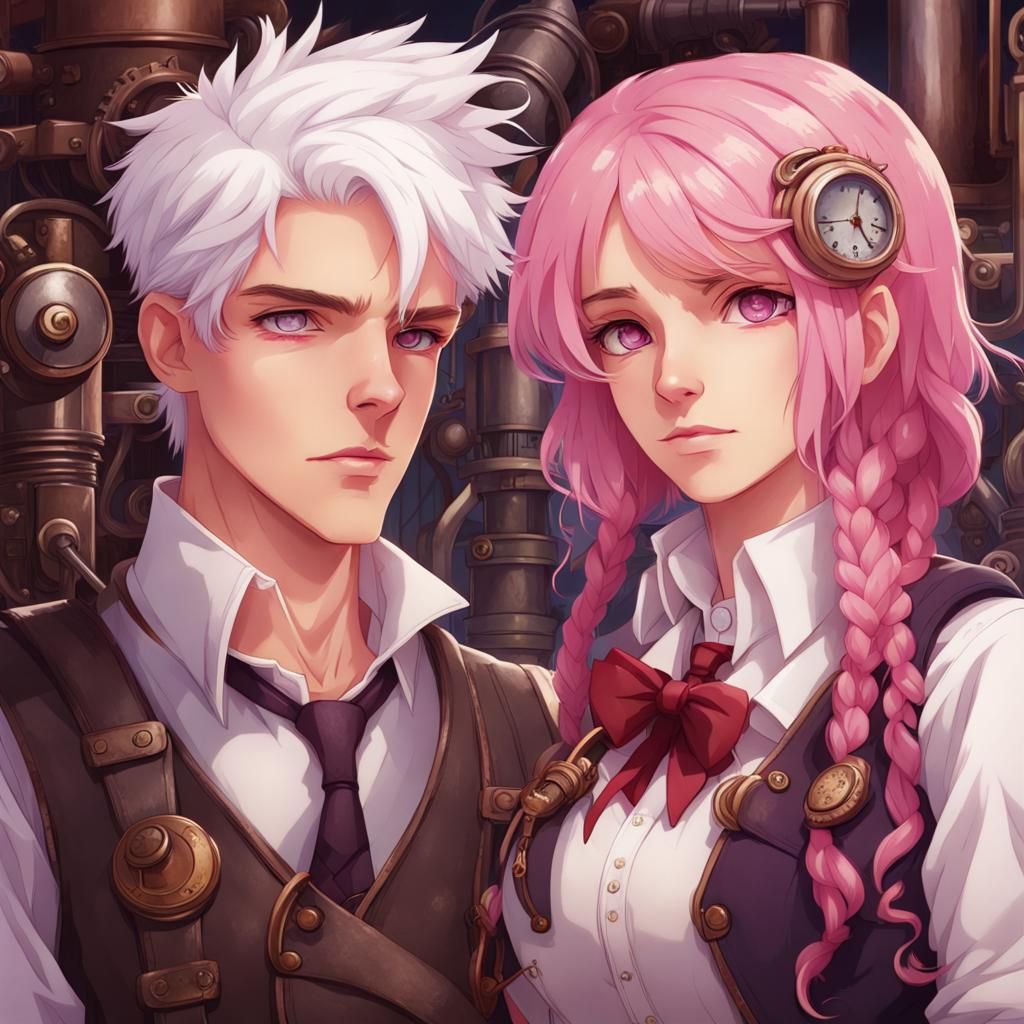 Pink and White Haired Teens in Steampunk Style