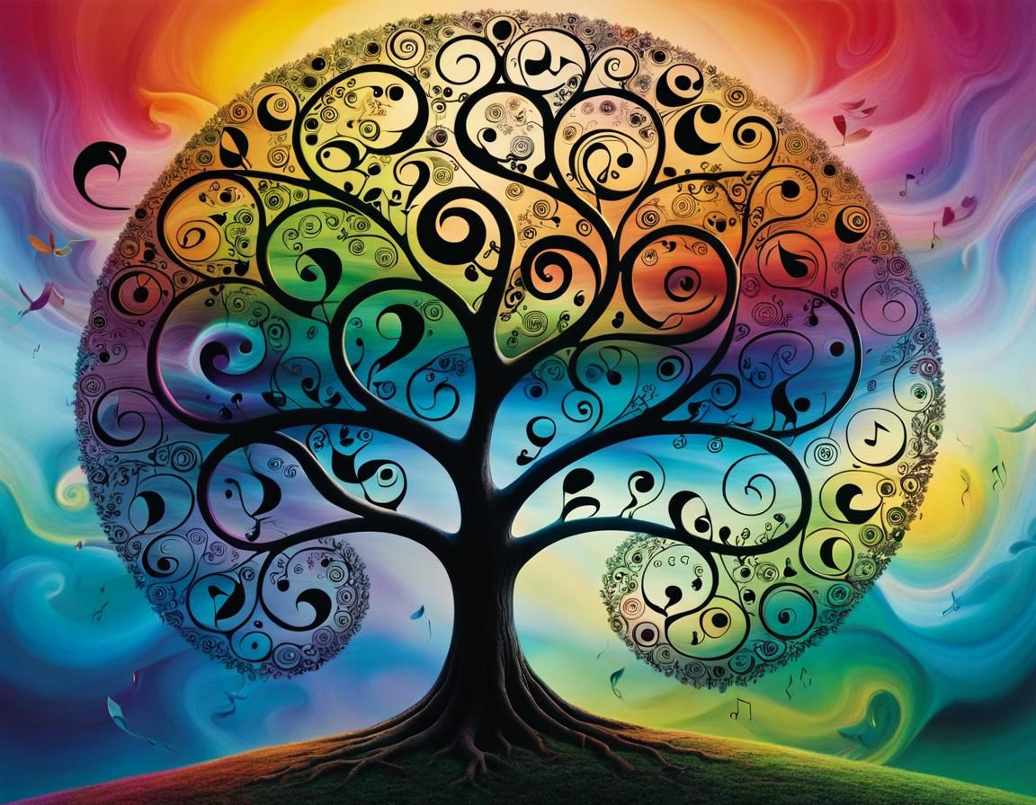 Surreal Music Tree with Owls in Dreamlike Hues