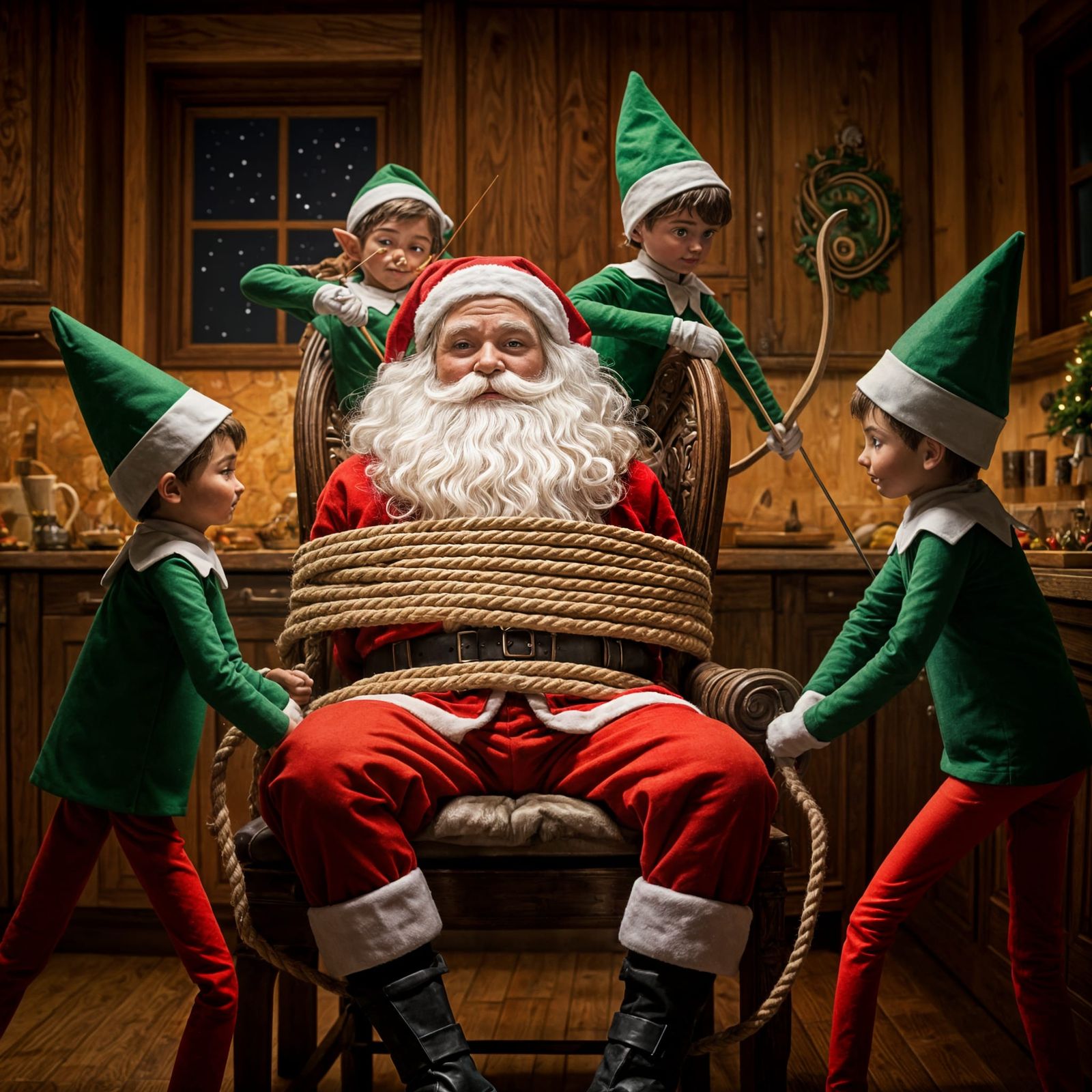 Mischievous Elves Bind Santa in Kitchen Chair