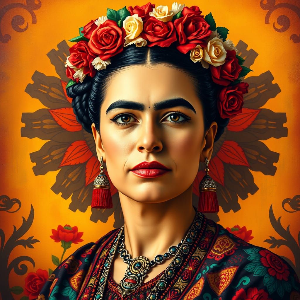 Frida Kahlo in Vibrant Mexican Attire, Inspired by Aztec Mot...