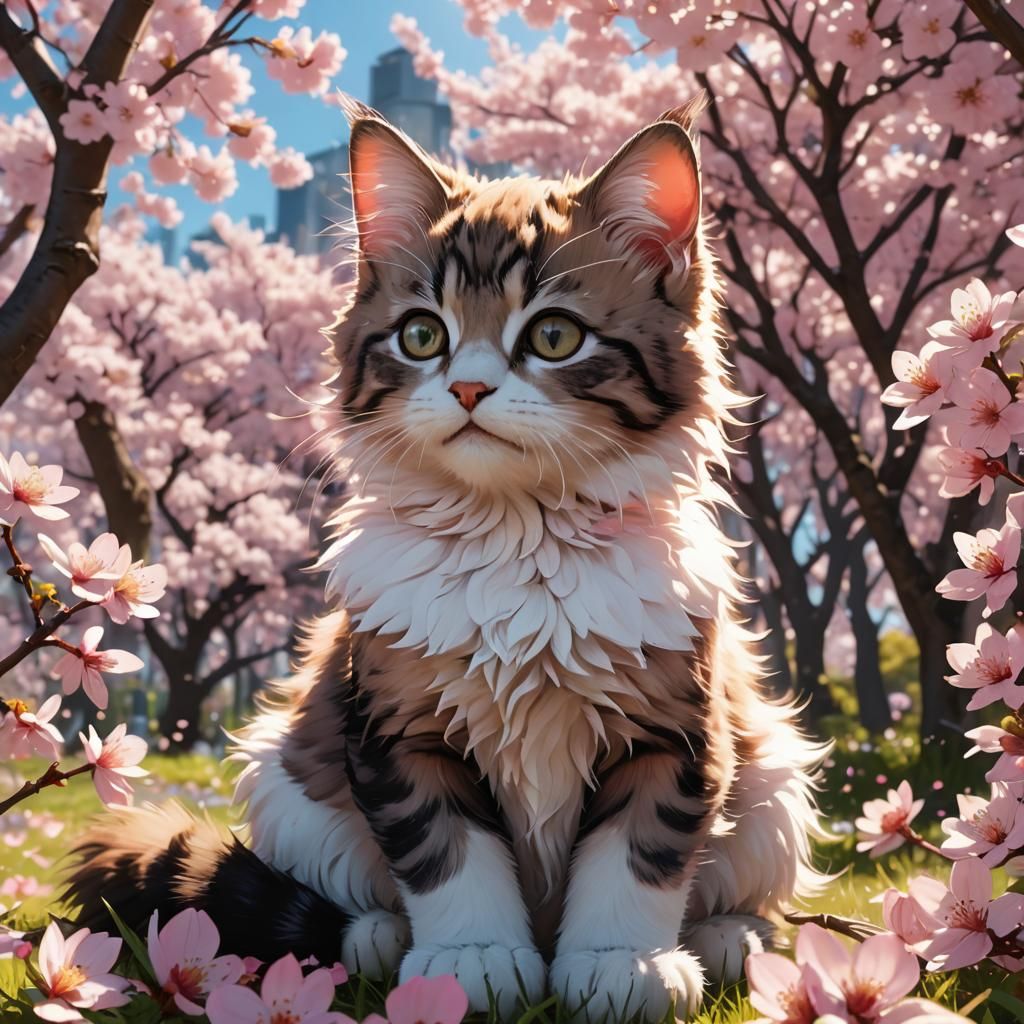 Adorable Kitten in Cherry Blossoms: 3D Anime Art