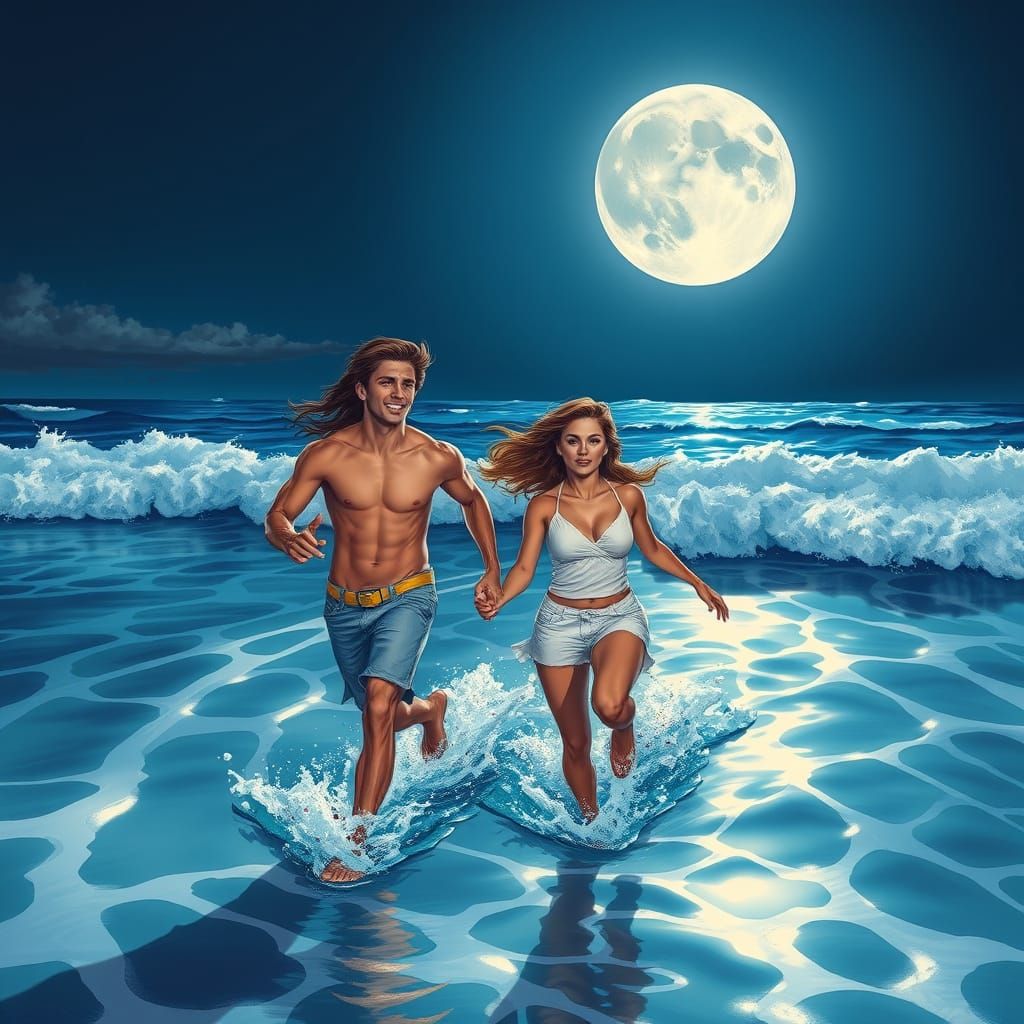 Moonlit Ocean Run: Hyper-Realistic Comic Book Style