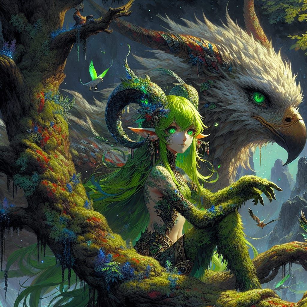 Anime Satyr Girl with Griffin: Fantasy Art
