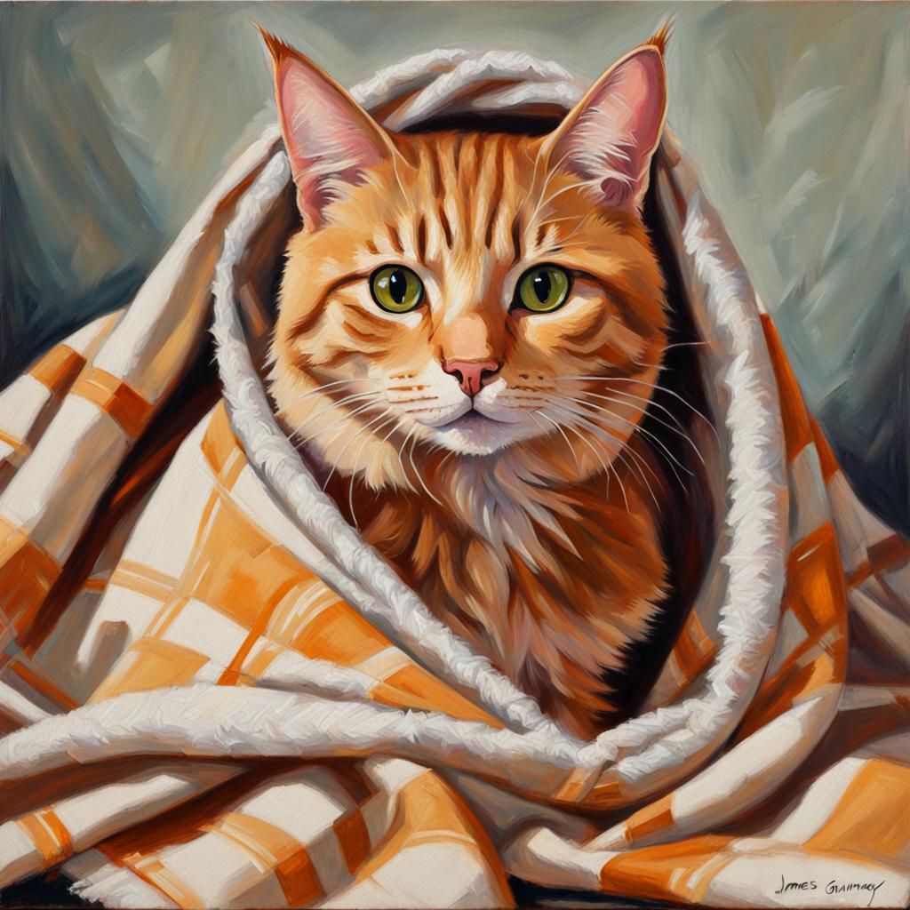 Orange Tabby Cat in Blanket as Oil Painting