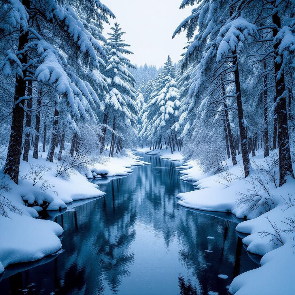 Chibi Forest Frozen River: Photorealistic Winter Scene