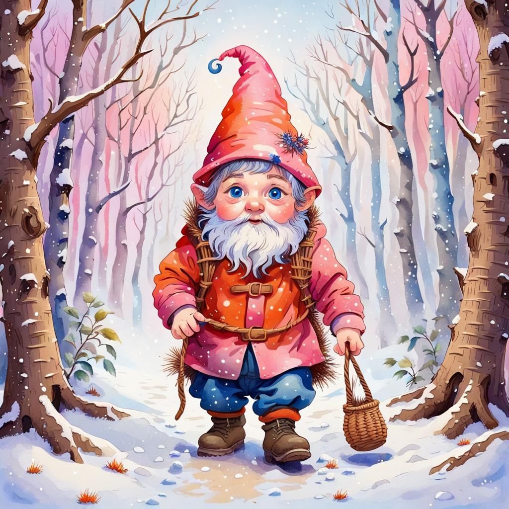 Adorable Gnome Walking in Winter Forest Watercolor