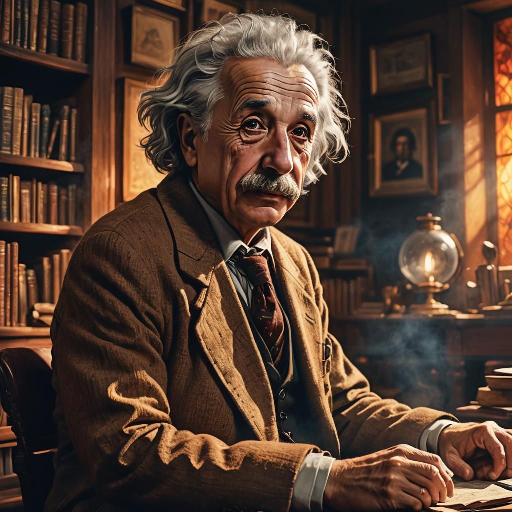 Albert Einstein in Old-Fashioned Study: Hyperrealistic Conce...