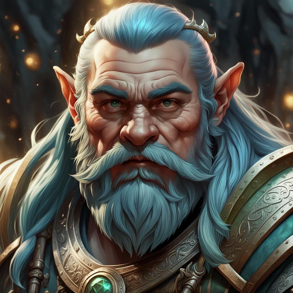 Detailed Elf-Dwarf Hybrid Portrait in Art Nouveau Style