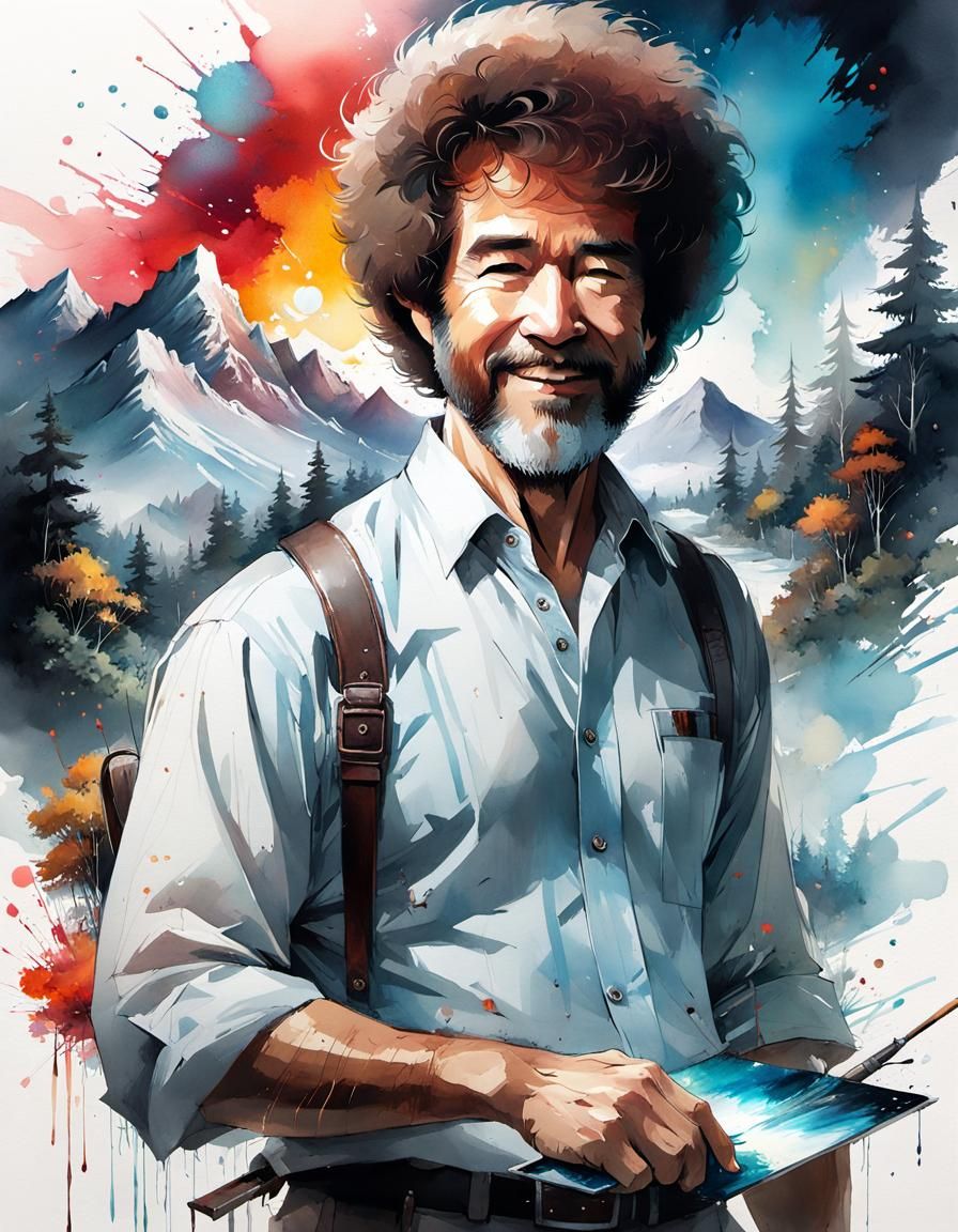 Bob Ross Watercolor Manga Illustration