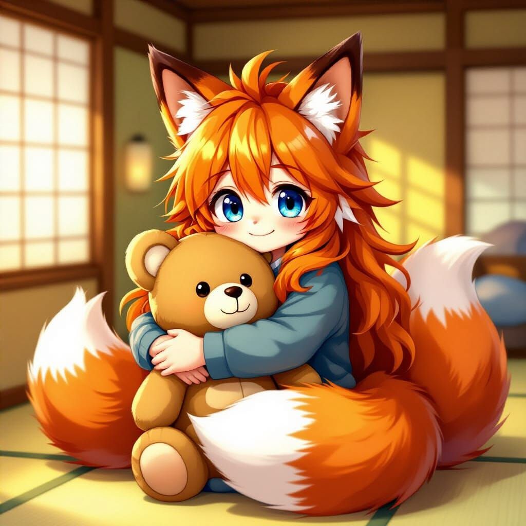Cute Anime Fox Boy Hugs Teddy Bear in Cozy Room