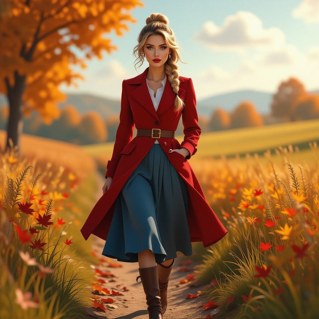 A stunning woman, wavy blonde hair, braid with bun, red lips...