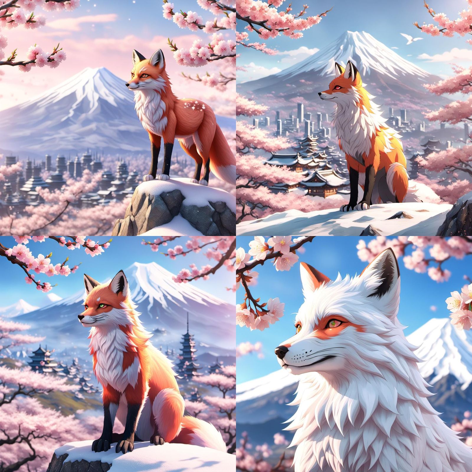 Nine-Tailed Fox with Snowy Mount Fuji