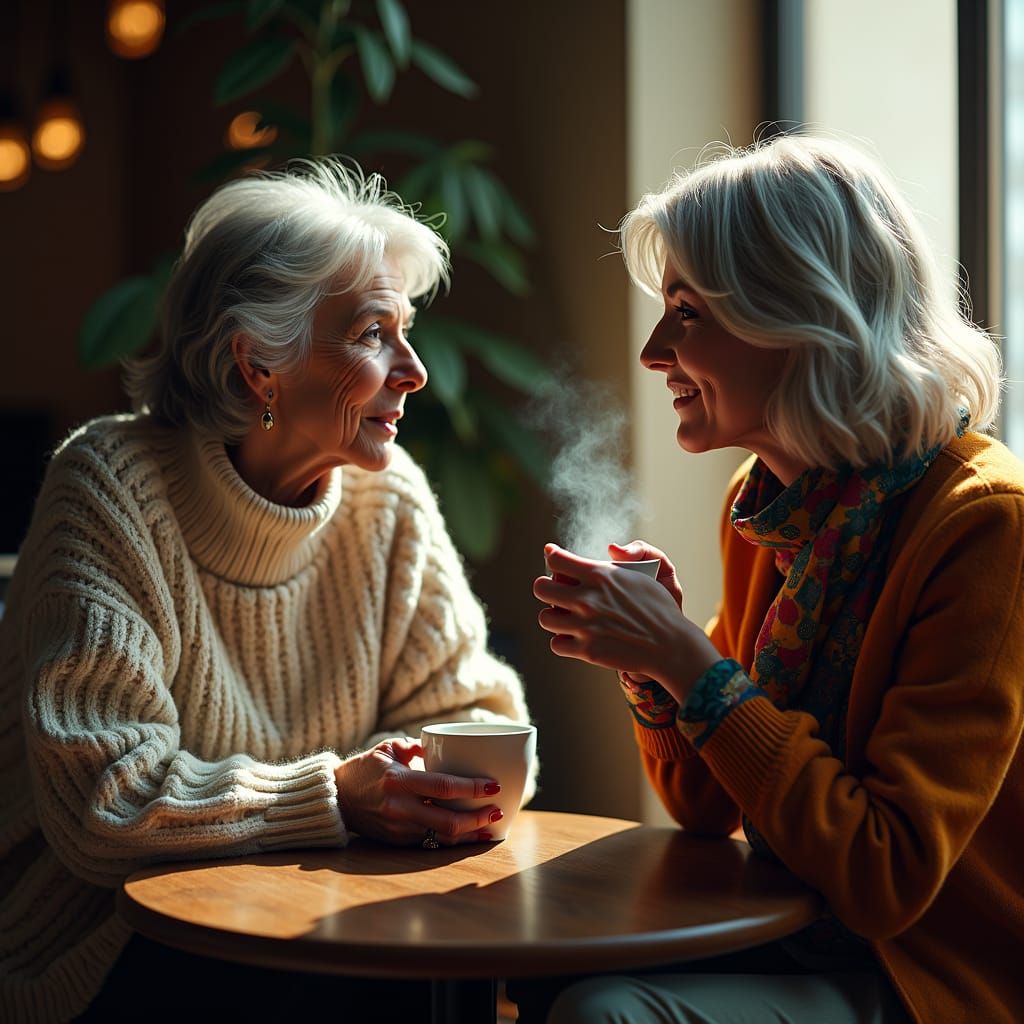 Elegant Women in Coffee Chat, Cinematic Portrait
