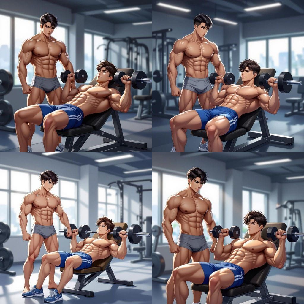 Muscular Asian Men Working Out in Gym, Anime Style