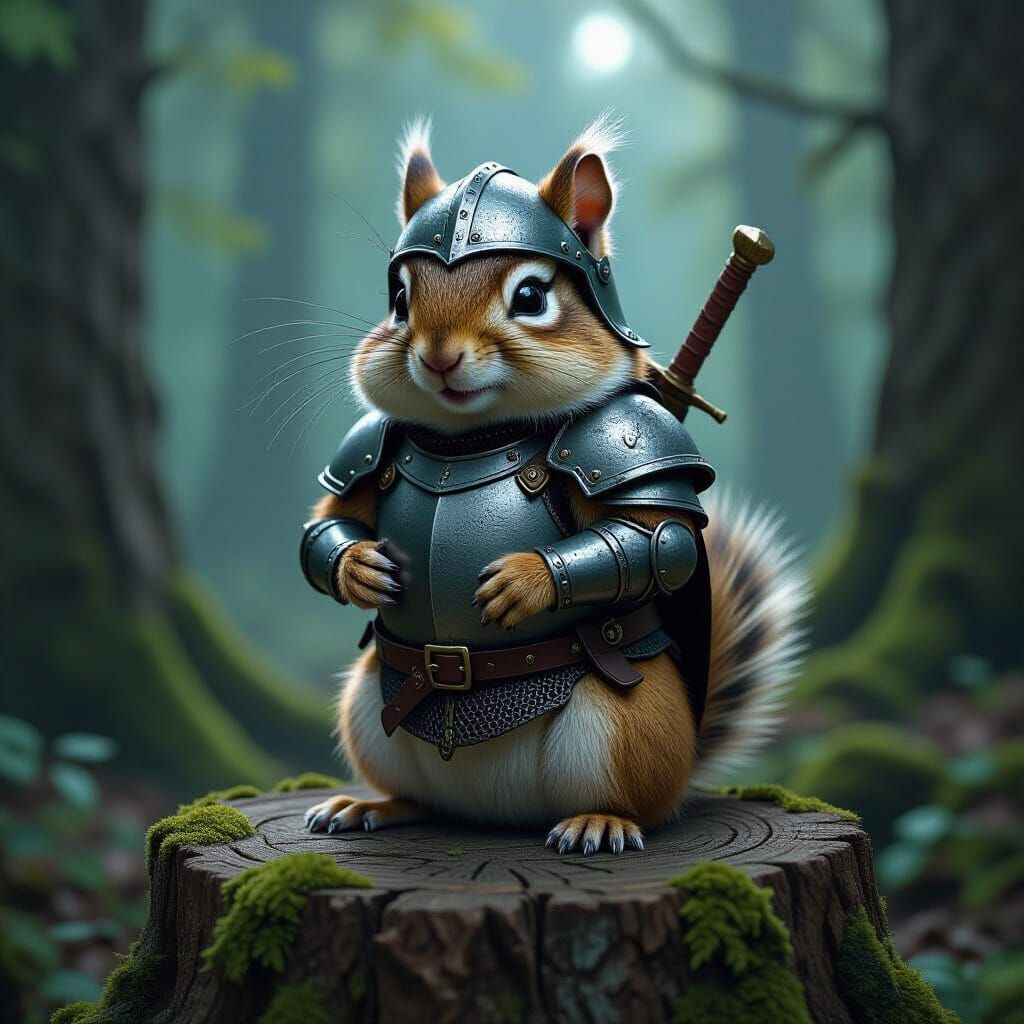 Chipmunk Knight in Dark Fantasy Forest