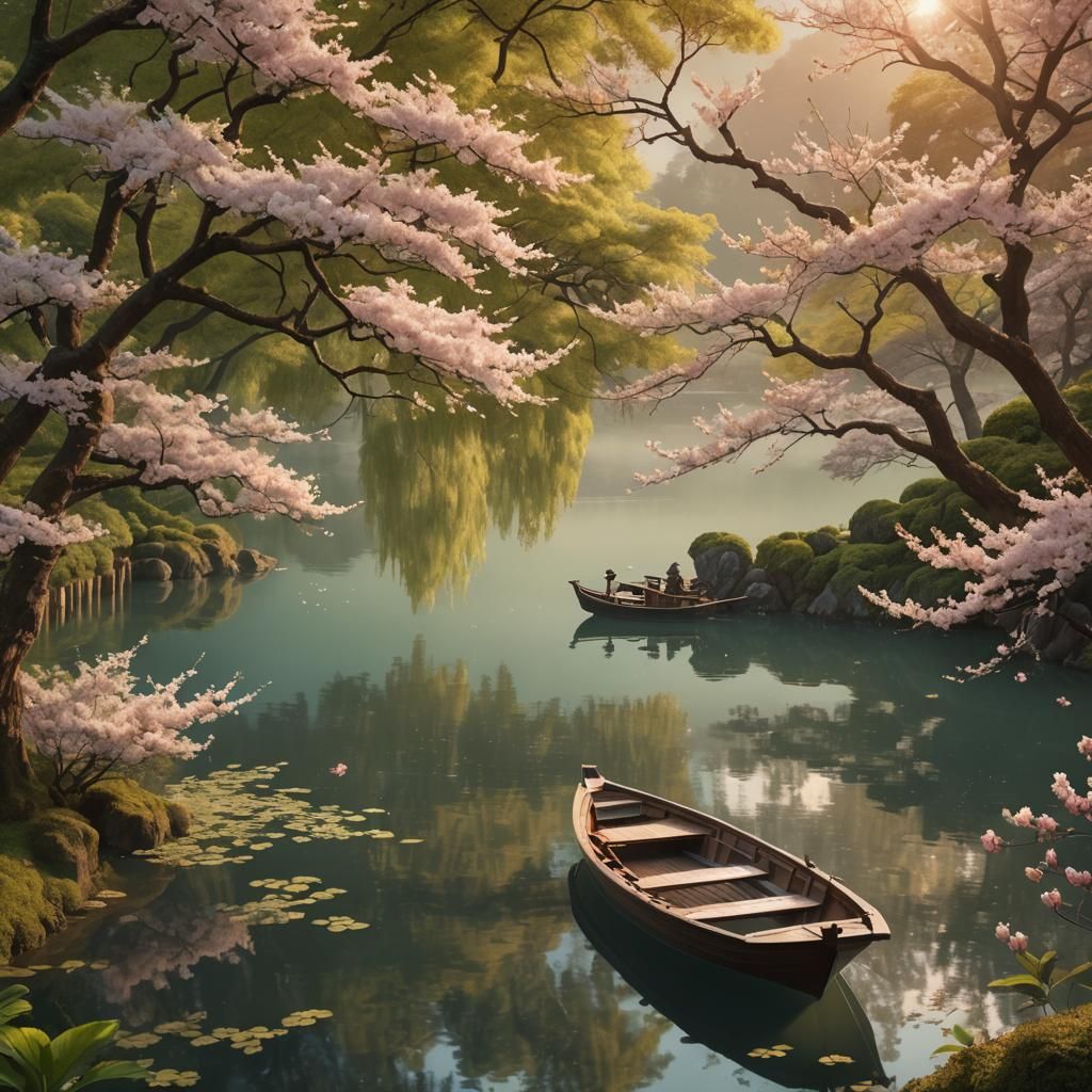 Serene Japanese Boat on Lake: Digital Matte Painting
