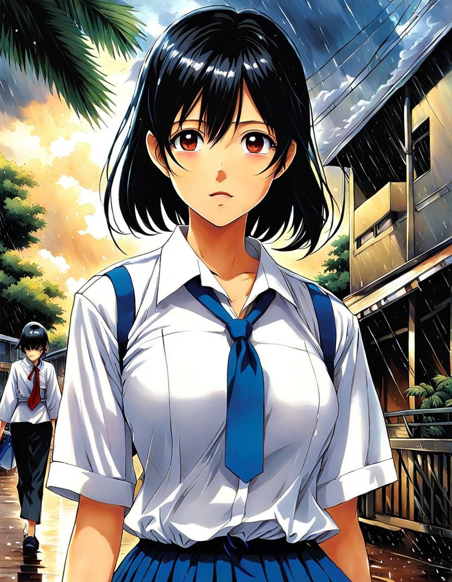 Anime Schoolgirl Drenched in Rainy Tropical Streets