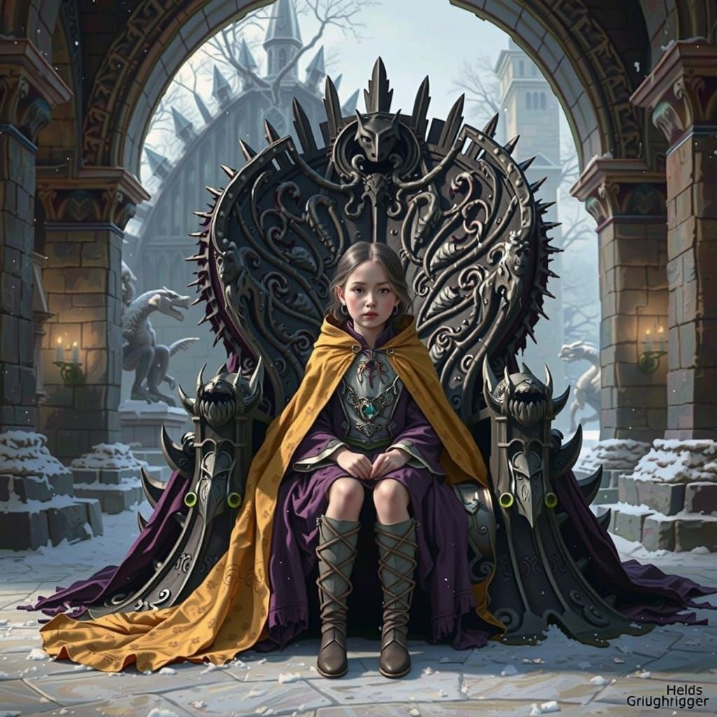 Young Girl Sits Regally in Snow-Shrouded Medieval Castle Thr...